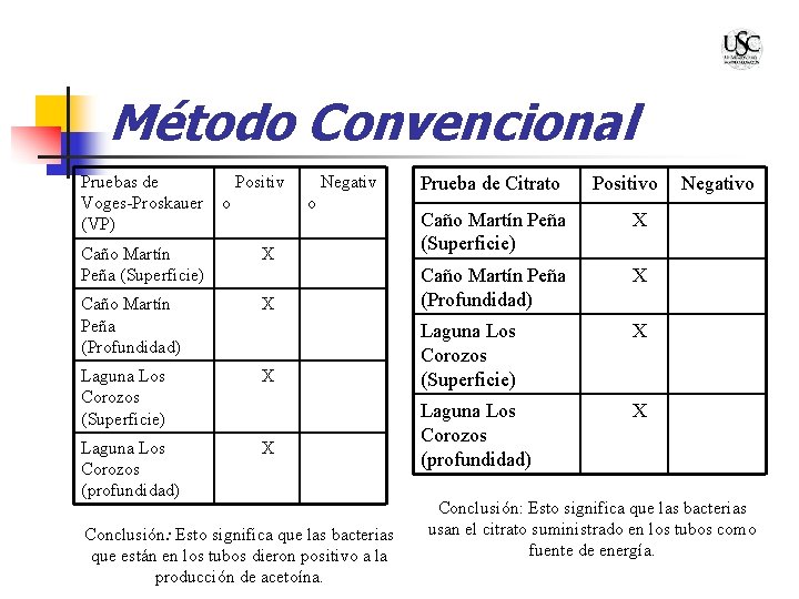 Método Convencional Pruebas de Positiv Voges-Proskauer o (VP) Negativ o Caño Martín X Peña