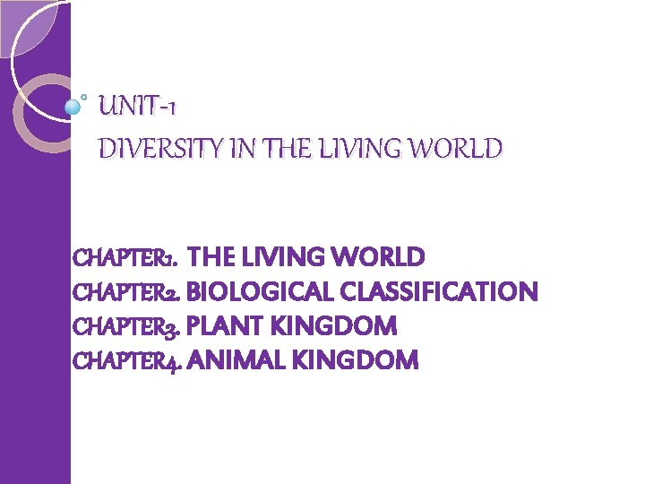 UNIT-1 DIVERSITY IN THE LIVING WORLD CHAPTER 1. THE LIVING WORLD CHAPTER 2. BIOLOGICAL