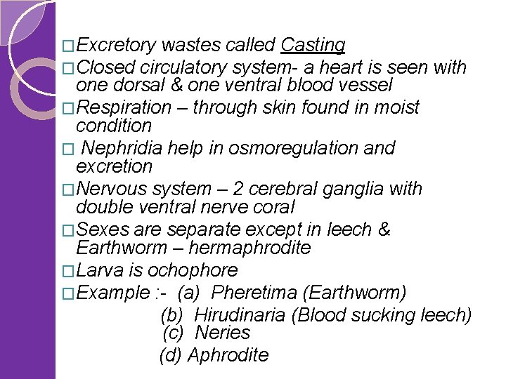 �Excretory wastes called Casting �Closed circulatory system- a heart is seen with one dorsal