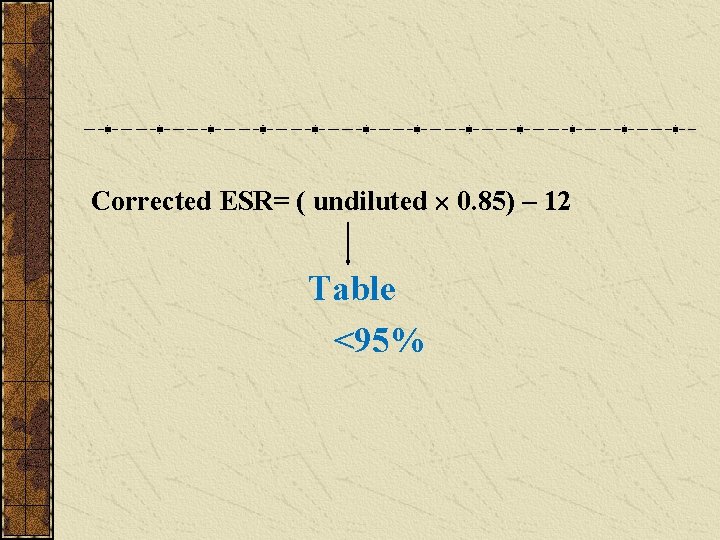 Corrected ESR= ( undiluted 0. 85) – 12 Table <95% 