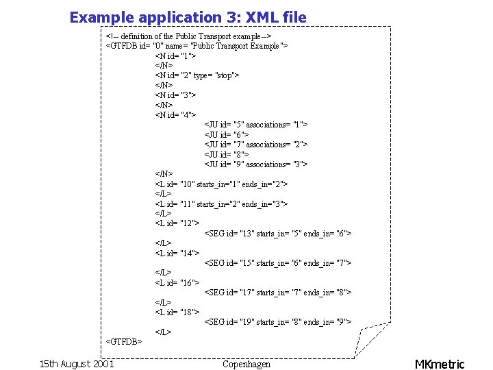 Example application 3: XML file <!-- definition of the Public Transport example--> <GTFDB id=