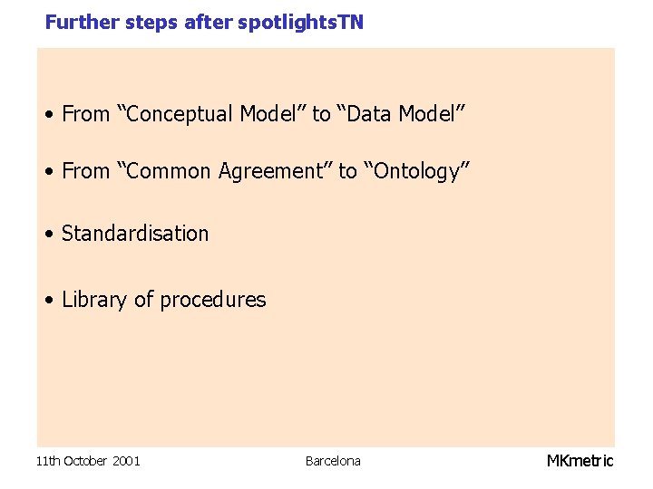 Further steps after spotlights. TN • From “Conceptual Model” to “Data Model” • From