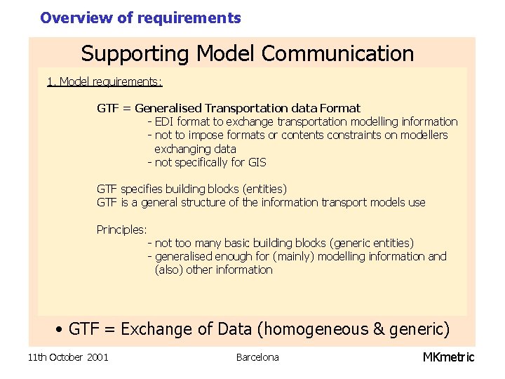 Overview of requirements Supporting Model Communication 1. Model requirements: GTF = Generalised Transportation data