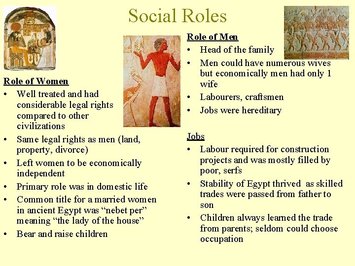Social Roles Role of Women • Well treated and had considerable legal rights compared