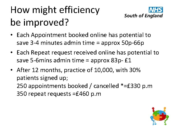 How might efficiency be improved? • Each Appointment booked online has potential to save