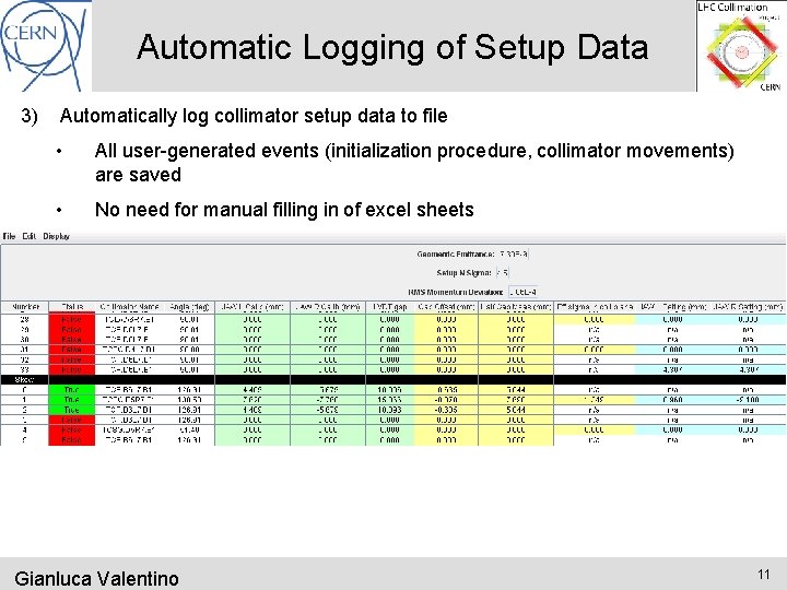 Automatic Logging of Setup Data 3) Automatically log collimator setup data to file •