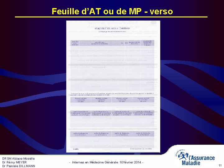 Feuille d’AT ou de MP - verso DRSM Alsace-Moselle Dr Rémy MEYER Dr Pascale