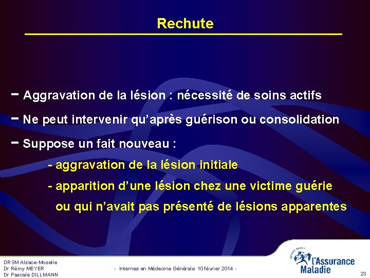 Rechute − Aggravation de la lésion : nécessité de soins actifs − Ne peut