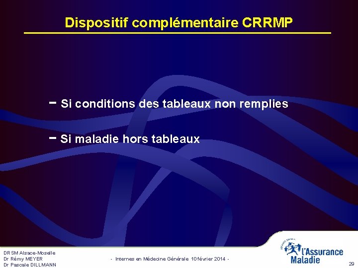 Dispositif complémentaire CRRMP − Si conditions des tableaux non remplies − Si maladie hors