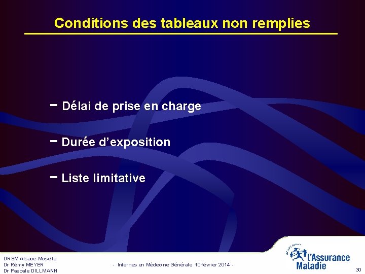 Conditions des tableaux non remplies − Délai de prise en charge − Durée d’exposition Conditions des tableaux non remplies − Délai de prise en charge − Durée d’exposition