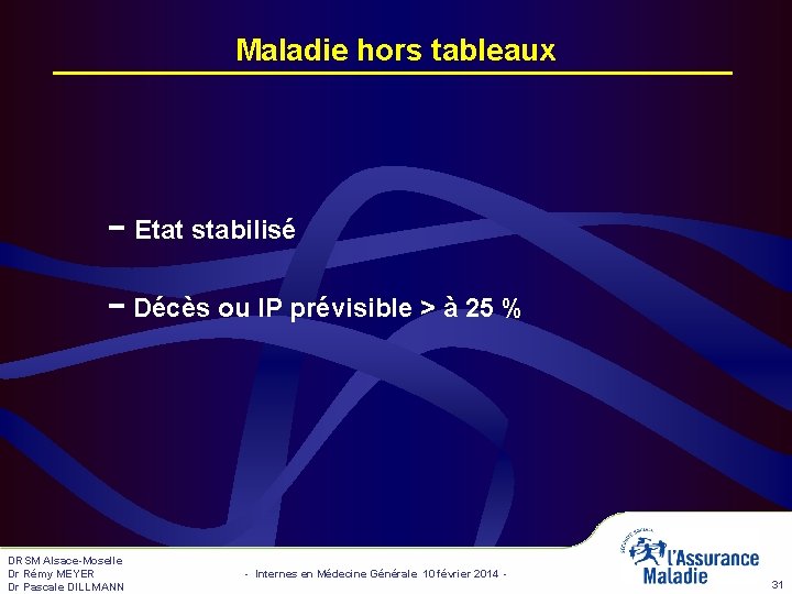 Maladie hors tableaux − Etat stabilisé − Décès ou IP prévisible > à 25 Maladie hors tableaux − Etat stabilisé − Décès ou IP prévisible > à 25