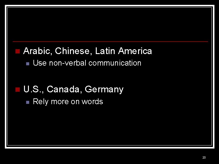n Arabic, Chinese, Latin America n n Use non-verbal communication U. S. , Canada,