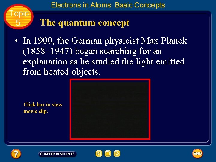 Topic 5 Electrons in Atoms: Basic Concepts The quantum concept • In 1900, the