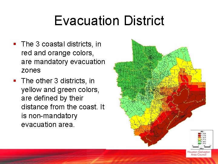 Evacuation District § The 3 coastal districts, in red and orange colors, are mandatory