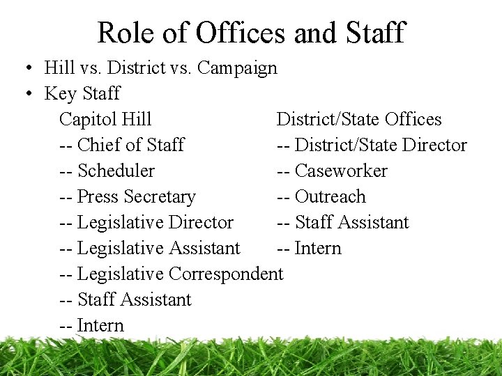 Role of Offices and Staff • Hill vs. District vs. Campaign • Key Staff