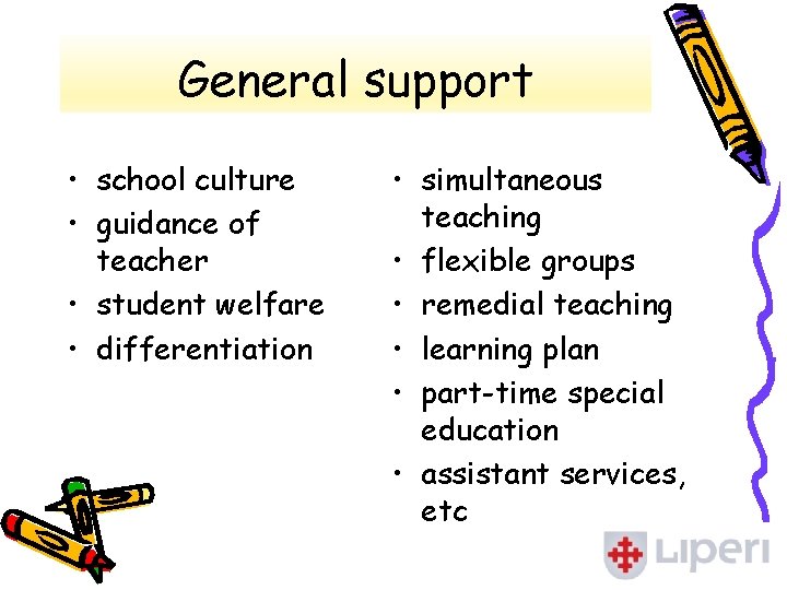 General support • school culture • guidance of teacher • student welfare • differentiation
