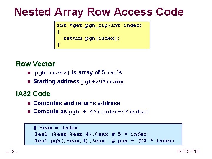 Nested Array Row Access Code int *get_pgh_zip(int index) { return pgh[index]; } Row Vector