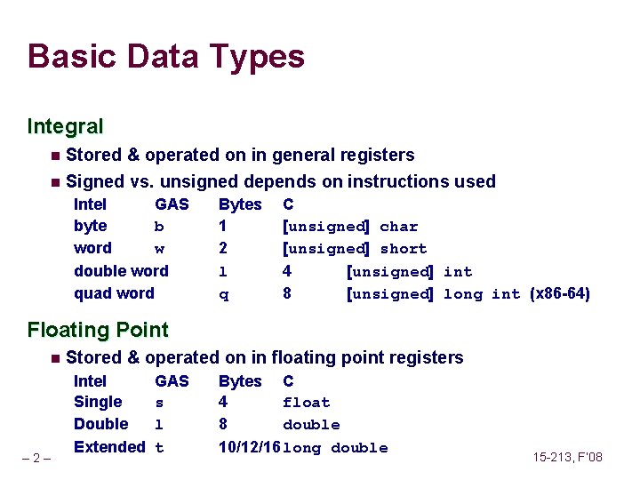 Basic Data Types Integral n Stored & operated on in general registers n Signed