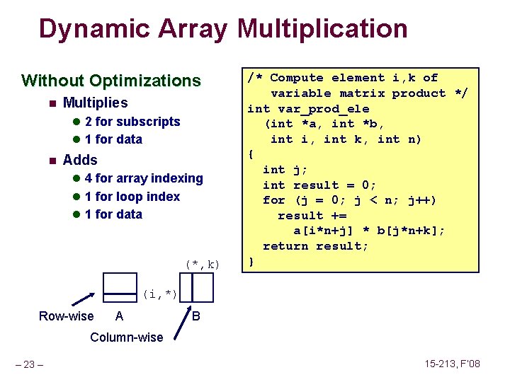 Dynamic Array Multiplication Without Optimizations n Multiplies l 2 for subscripts l 1 for