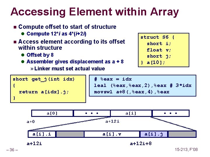 Accessing Element within Array n Compute offset to start of structure l Compute 12*i