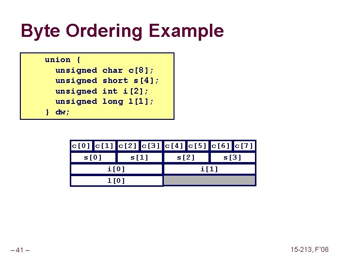 Byte Ordering Example union { unsigned char c[8]; unsigned short s[4]; unsigned int i[2];