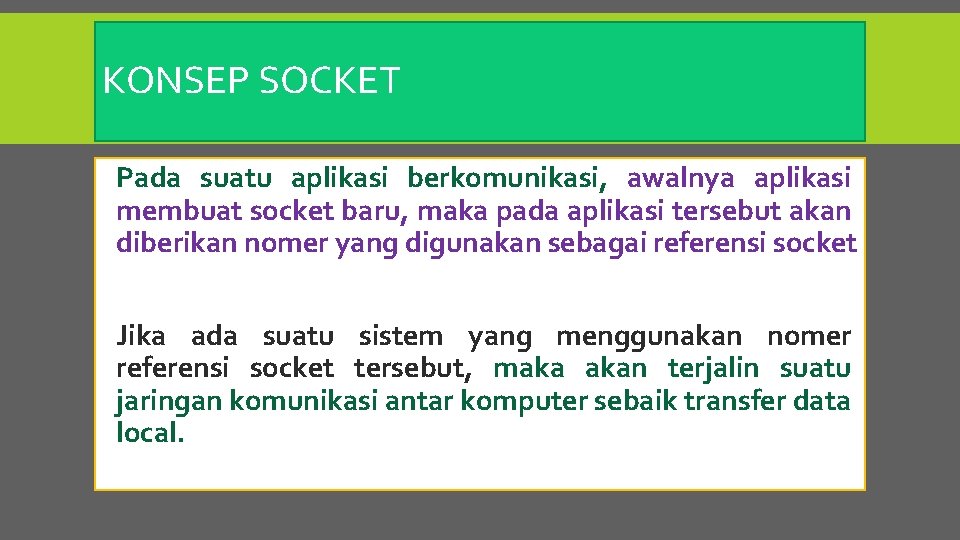 KONSEP SOCKET Pada suatu aplikasi berkomunikasi, awalnya aplikasi membuat socket baru, maka pada aplikasi