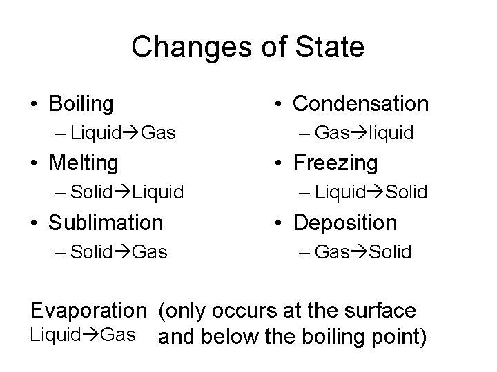 Changes of State • Boiling – Liquid Gas • Melting – Solid Liquid •