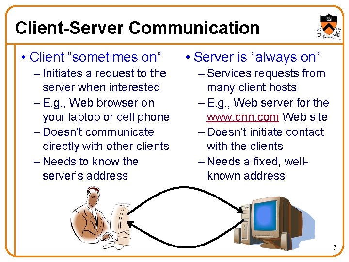 Client-Server Communication • Client “sometimes on” – Initiates a request to the server when