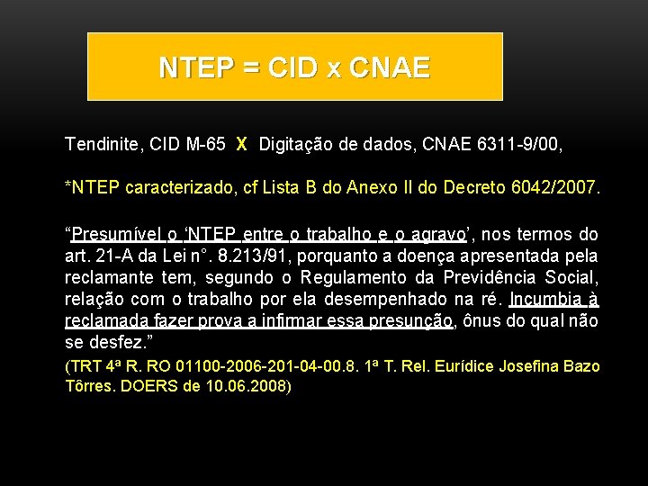 NTEP = CID x CNAE Tendinite, CID M-65 X Digitação de dados, CNAE 6311