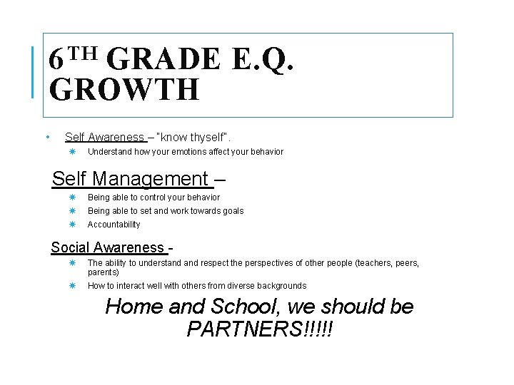 6 TH GRADE E. Q. GROWTH • Self Awareness – “know thyself”. Understand how