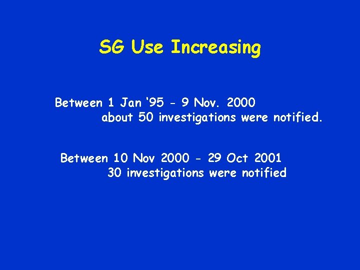 SG Use Increasing Between 1 Jan ‘ 95 - 9 Nov. 2000 about 50