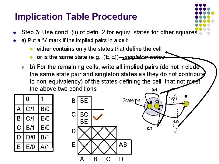 Implication Table Procedure l Step 3: Use cond. (ii) of defn. 2 for equiv.