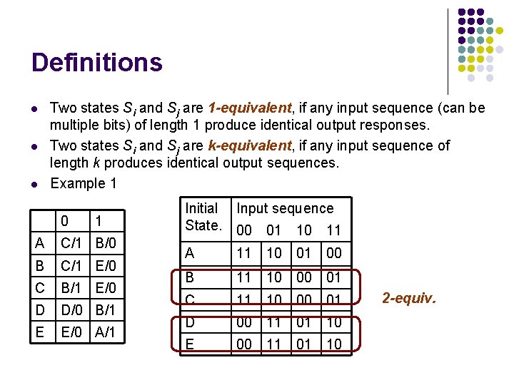 Definitions l l l Two states Si and Sj are 1 -equivalent, if any