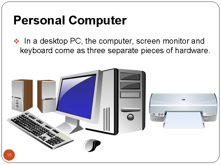Personal Computer v In a desktop PC, the computer, screen monitor and keyboard come