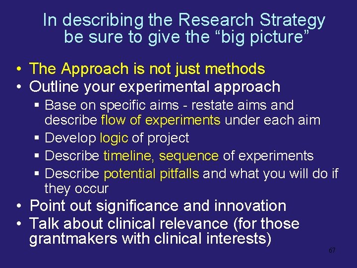 In describing the Research Strategy be sure to give the “big picture” • The