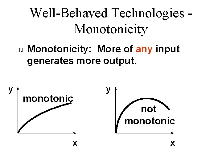 Well-Behaved Technologies Monotonicity u y Monotonicity: More of any input generates more output. monotonic