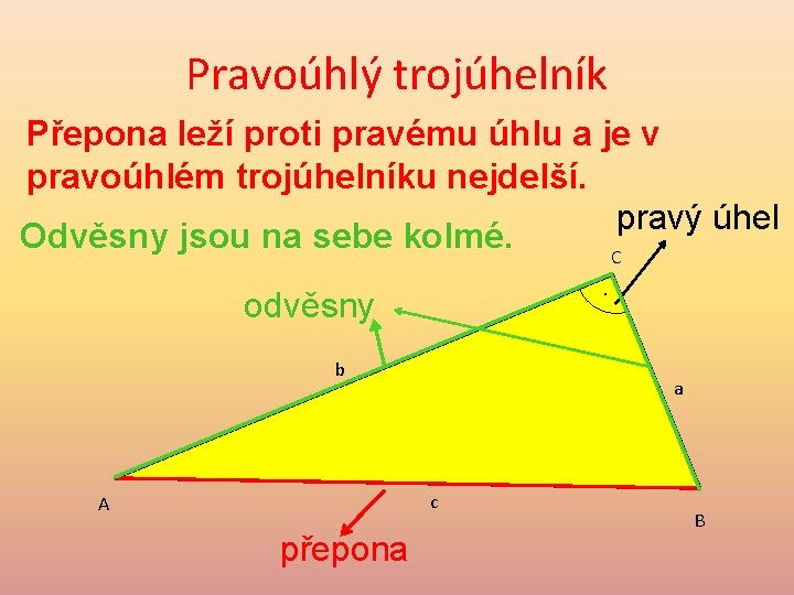 Pravoúhlý trojúhelník Přepona leží proti pravému úhlu a je v pravoúhlém trojúhelníku nejdelší. pravý