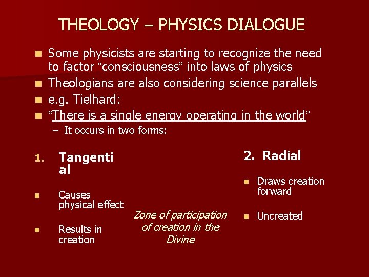 THEOLOGY – PHYSICS DIALOGUE Some physicists are starting to recognize the need to factor