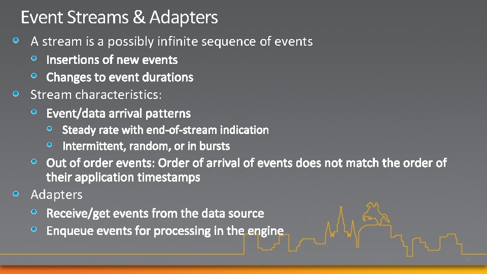 Event Streams & Adapters A stream is a possibly infinite sequence of events Stream
