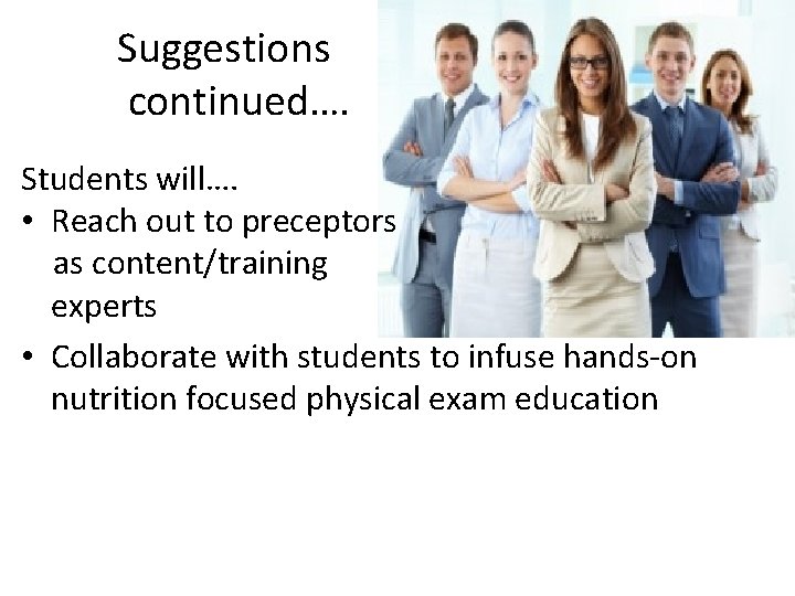 Suggestions continued…. Students will…. • Reach out to preceptors as content/training experts • Collaborate