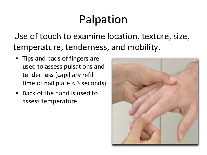 Palpation Use of touch to examine location, texture, size, temperature, tenderness, and mobility. •