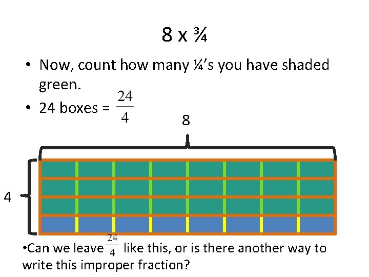 8 x¾ • Now, count how many ¼’s you have shaded green. • 24