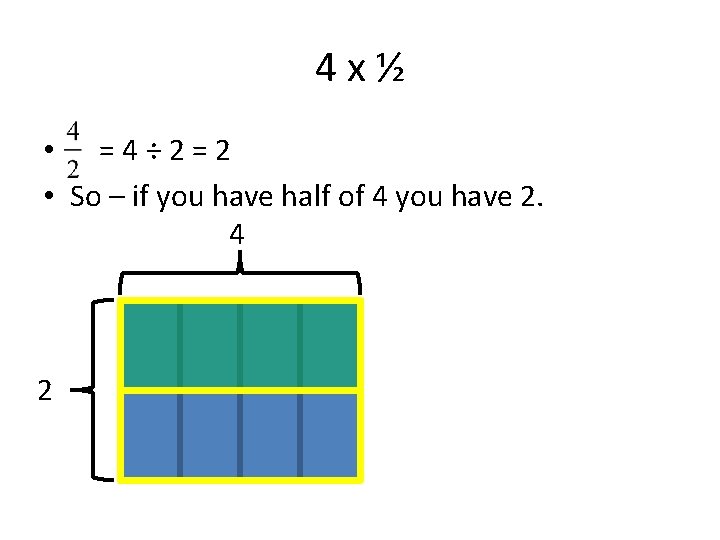 4 x½ • =4÷ 2=2 • So – if you have half of 4