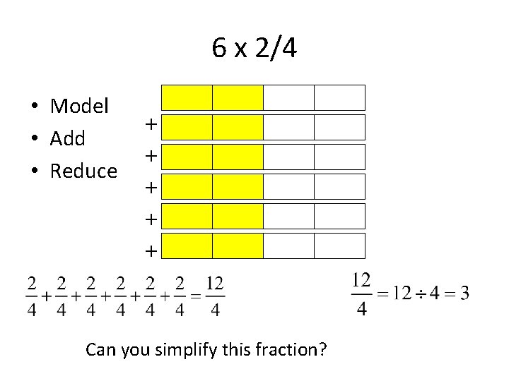 6 x 2/4 • Model • Add • Reduce + + + Can you