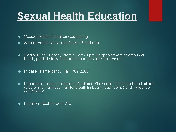 Sexual Health Education Counseling Sexual Health Nurse and Nurse Practitioner Available on Tuesday, from