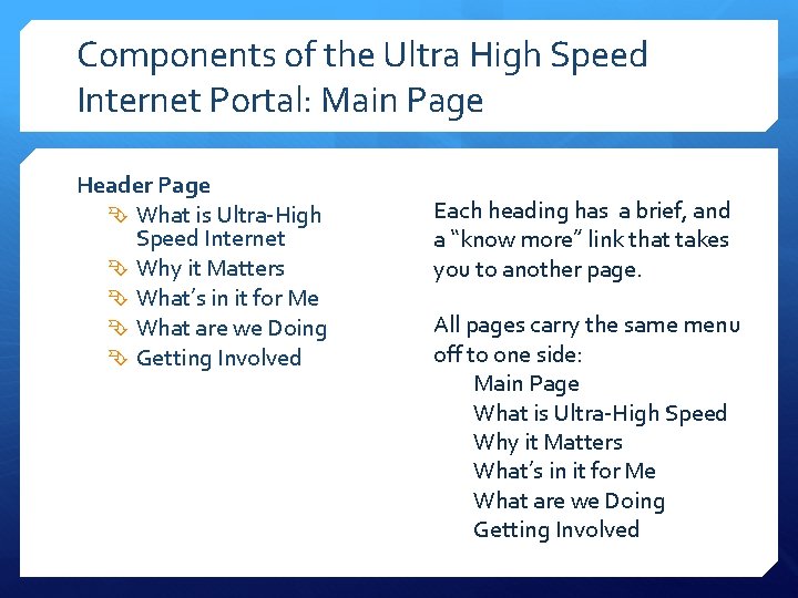 Components of the Ultra High Speed Internet Portal: Main Page Header Page What is