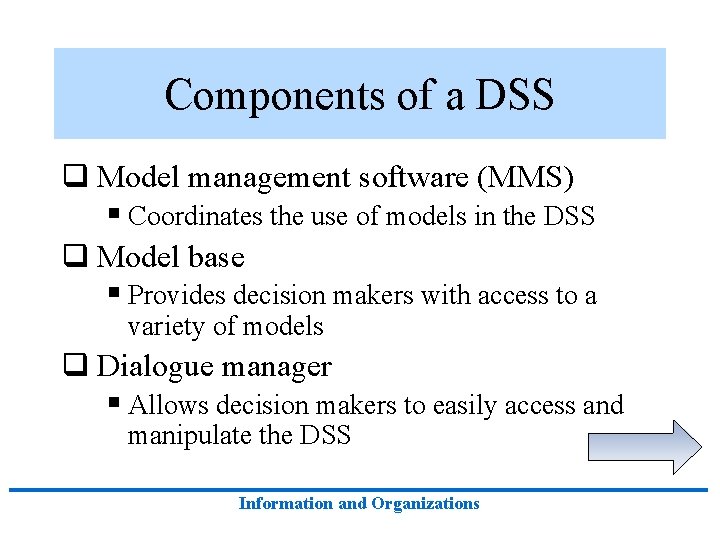 Components of a DSS q Model management software (MMS) § Coordinates the use of Components of a DSS q Model management software (MMS) § Coordinates the use of