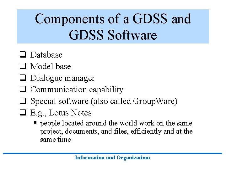 Components of a GDSS and GDSS Software q q q Database Model base Dialogue Components of a GDSS and GDSS Software q q q Database Model base Dialogue