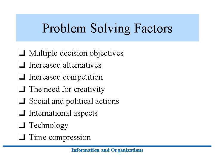 Problem Solving Factors q q q q Multiple decision objectives Increased alternatives Increased competition Problem Solving Factors q q q q Multiple decision objectives Increased alternatives Increased competition
