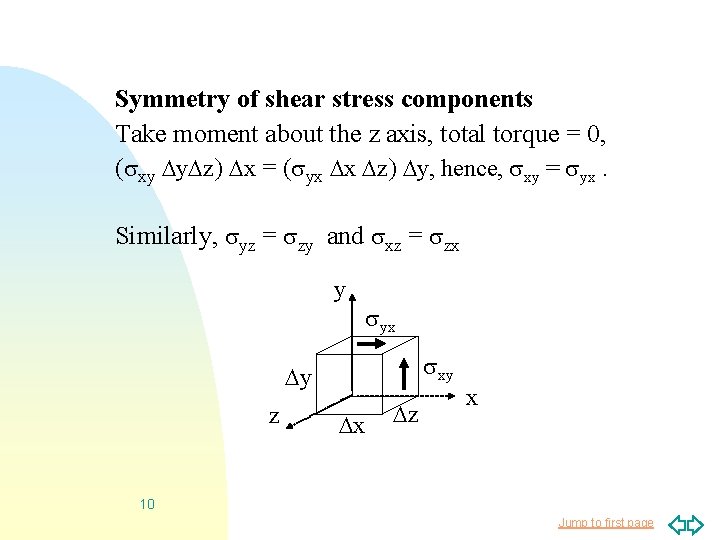 Symmetry of shear stress components Take moment about the z axis, total torque =